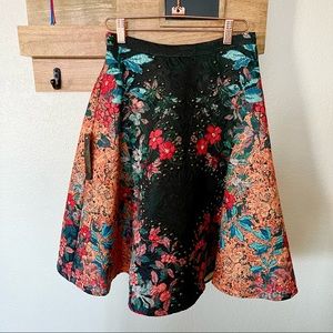 Bebe tapestry embroidered a-line skirt